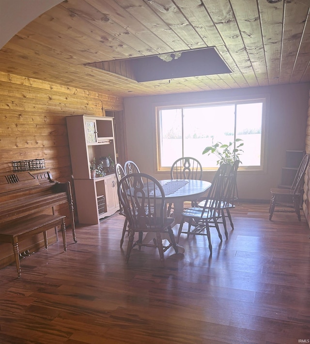 dining area featuring dark wood-style flooring and wooden ceiling