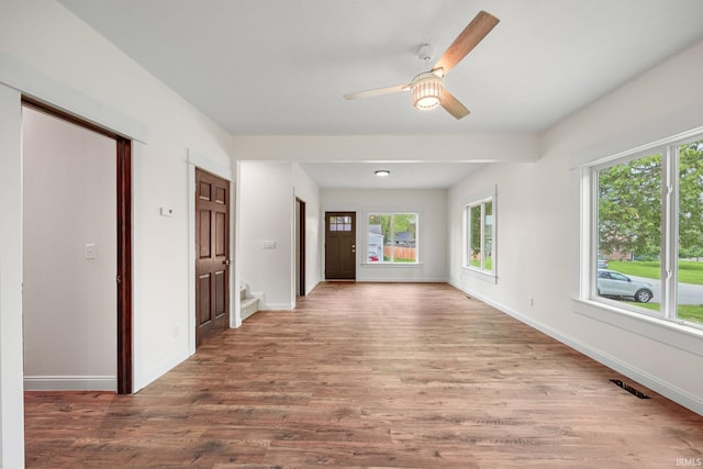 spare room with baseboards, ceiling fan, wood finished floors, and a wealth of natural light