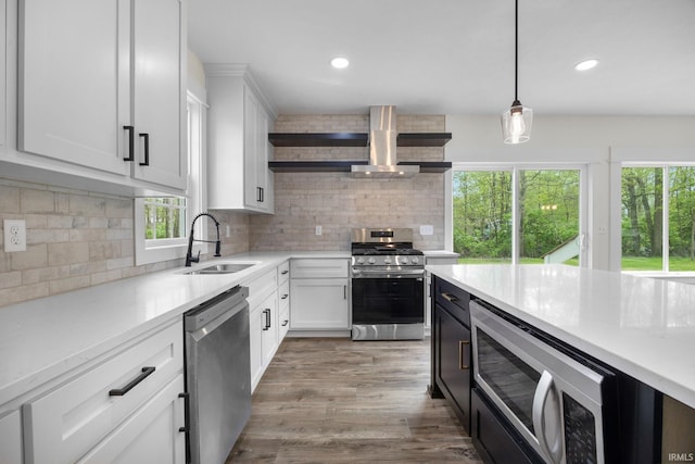 kitchen with stainless steel appliances, plenty of natural light, a sink, and wall chimney exhaust hood