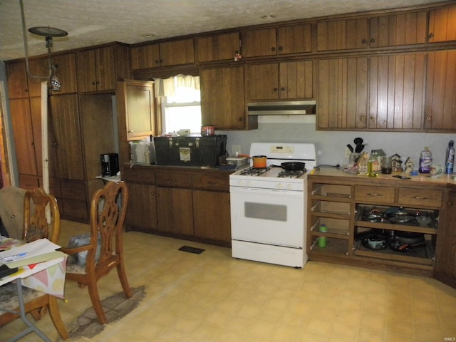 8207 Lehman Rd, Worthington, IN 47471 - kitchen with white range with gas stovetop, under cabinet range hood, and light flooring