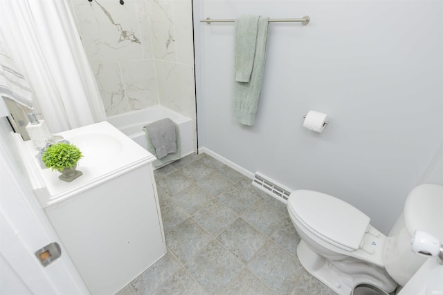 bathroom with shower / bath combo, vanity, toilet, baseboards, and visible vents
