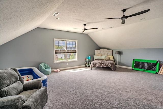 4663 Beringer Dr, Lafayette, IN 47909 - carpeted bedroom with vaulted ceiling, ceiling fan, a textured ceiling, and baseboards