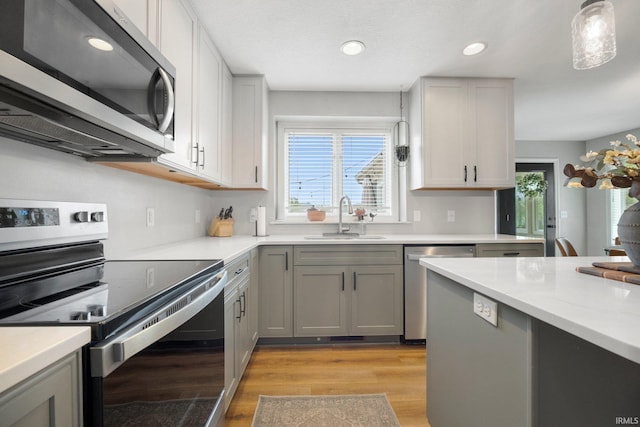 kitchen with stainless steel appliances, a healthy amount of sunlight, a sink, and light wood-type flooring