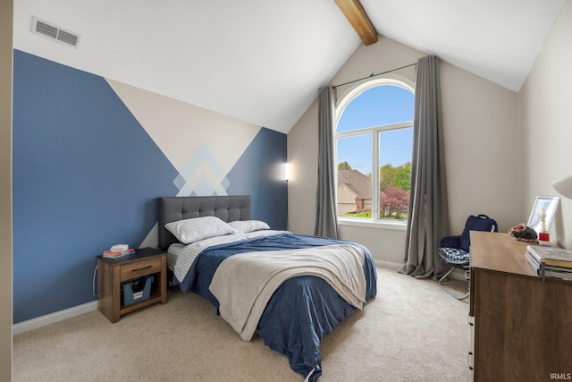 bedroom with lofted ceiling with beams, visible vents, light carpet, and baseboards