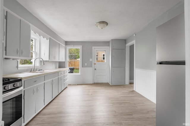 kitchen with appliances with stainless steel finishes, wainscoting, a sink, light wood-style floors, and light countertops