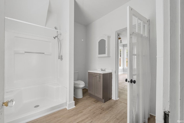bathroom featuring vanity, walk in shower, toilet, and wood finished floors
