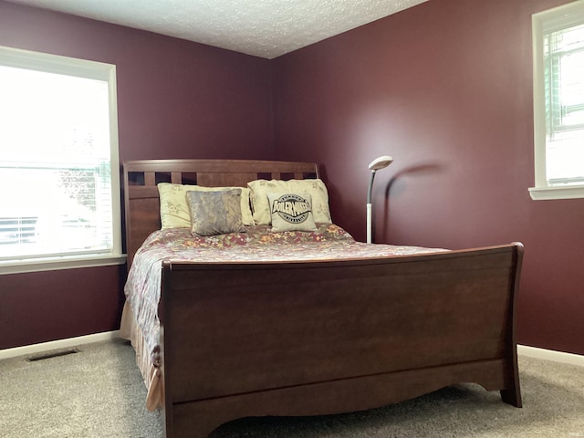 bedroom with carpet floors, a textured ceiling, baseboards, and visible vents