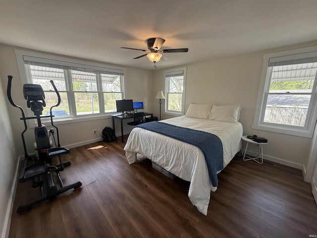 bedroom featuring dark wood-type flooring, baseboards, ceiling fan, and multiple windows