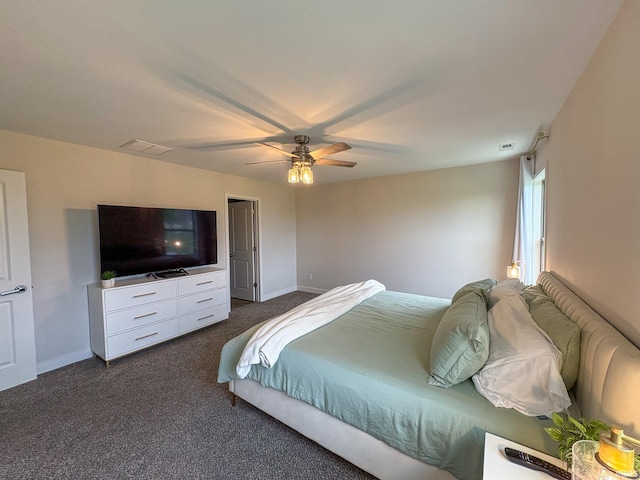 bedroom with visible vents, a ceiling fan, baseboards, and dark colored carpet