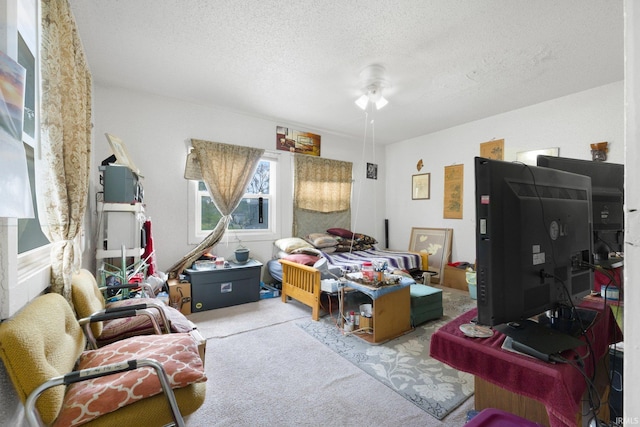 carpeted bedroom with a textured ceiling