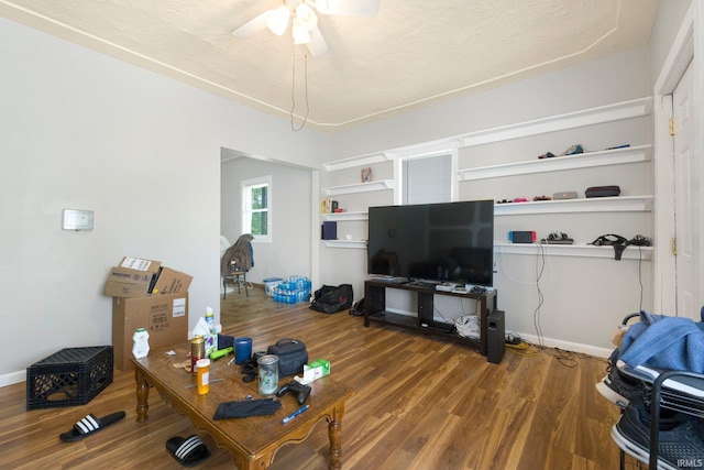 living area featuring a ceiling fan and wood finished floors