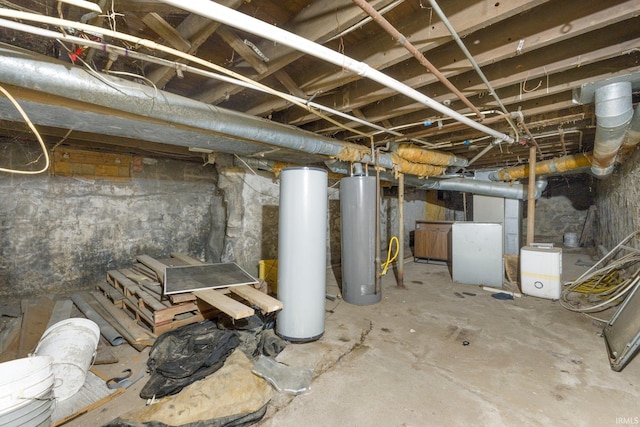 unfinished basement featuring water heater
