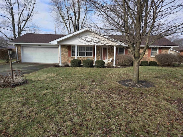ranch-style home with covered porch, a front yard, a garage, brick siding, and concrete driveway