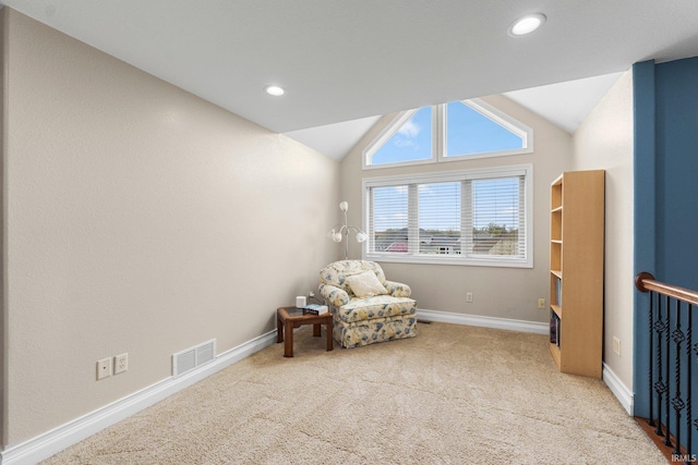 1206 Phaeton Way, Auburn, IN 46706 - sitting room featuring carpet flooring, baseboards, visible vents, and lofted ceiling