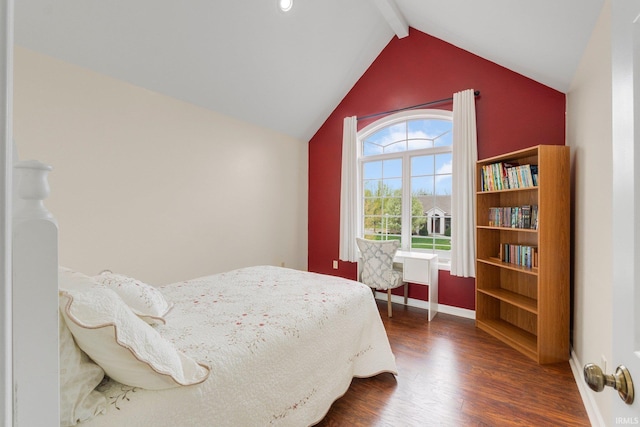 1206 Phaeton Way, Auburn, IN 46706 - bedroom with baseboards, lofted ceiling with beams, and dark wood finished floors