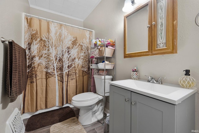 bathroom with vanity, a textured wall, toilet, and wood finished floors