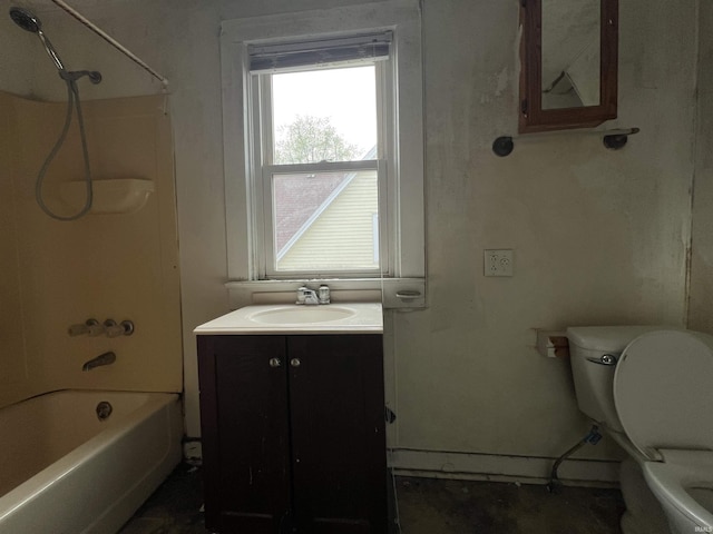 full bath featuring vanity, toilet, and shower / washtub combination