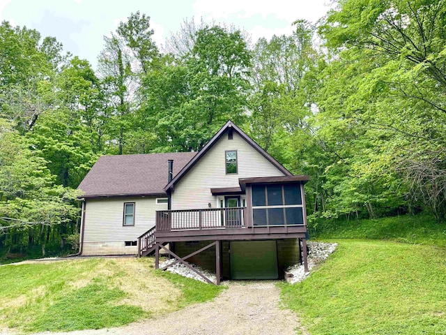 4970 S 700 W, Owensville, IN 47665 - back of property with an attached garage, a sunroom, a yard, a deck, and driveway