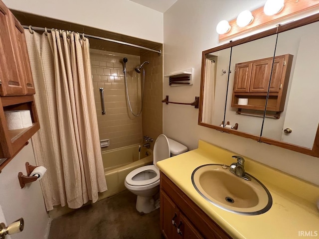 full bathroom with toilet, shower / tub combo, and vanity