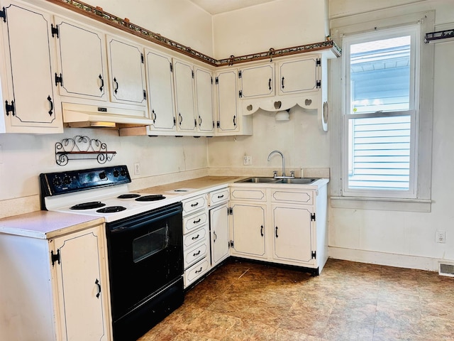 1037 14th St, Tell City, IN 47568 - kitchen featuring a sink, under cabinet range hood, range with electric cooktop, and a healthy amount of sunlight