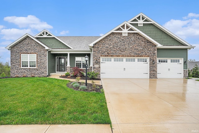 craftsman house with concrete driveway, a front lawn, stone siding, and a garage