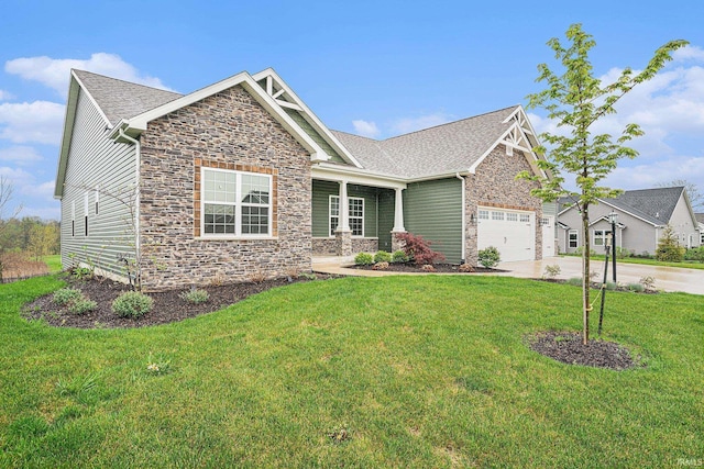 craftsman inspired home with roof with shingles, driveway, a front lawn, and stone siding