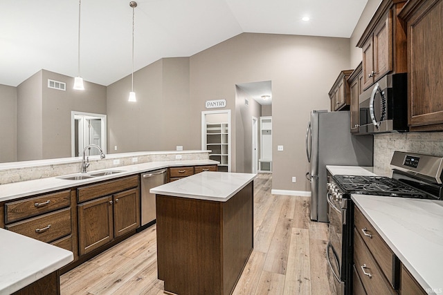 kitchen featuring a sink, light wood-style flooring, a center island, stainless steel appliances, and visible vents