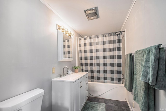 bathroom featuring crown molding, visible vents, vanity, toilet, and shower / bath combo