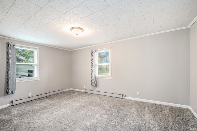 empty room featuring carpet floors, baseboards, ornamental molding, and a baseboard radiator