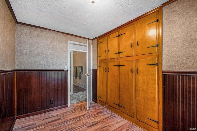 spare room featuring a textured ceiling, wood finished floors, a wainscoted wall, a baseboard radiator, and ornamental molding