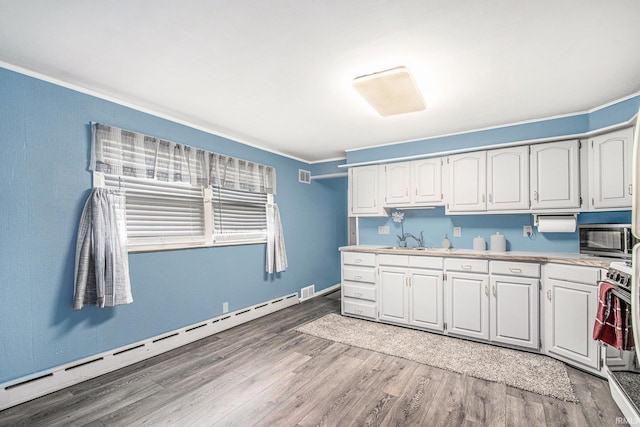 kitchen with a sink, a baseboard radiator, light wood-style flooring, and ornamental molding