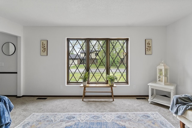 sitting room with visible vents, carpet, and baseboards