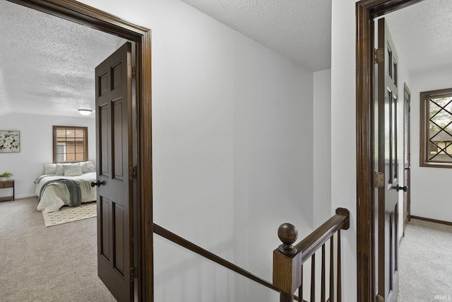 corridor featuring plenty of natural light, a textured ceiling, and light colored carpet