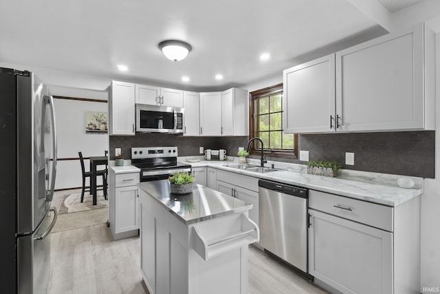 kitchen with a kitchen island, stainless steel appliances, a sink, and backsplash