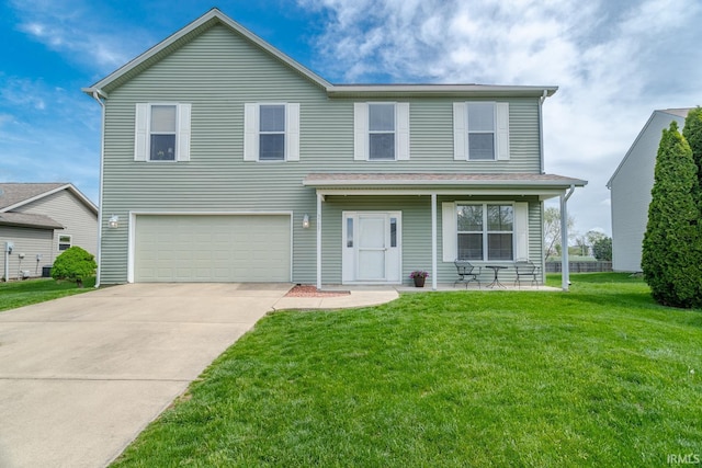 traditional home with an attached garage, a porch, a front yard, and concrete driveway