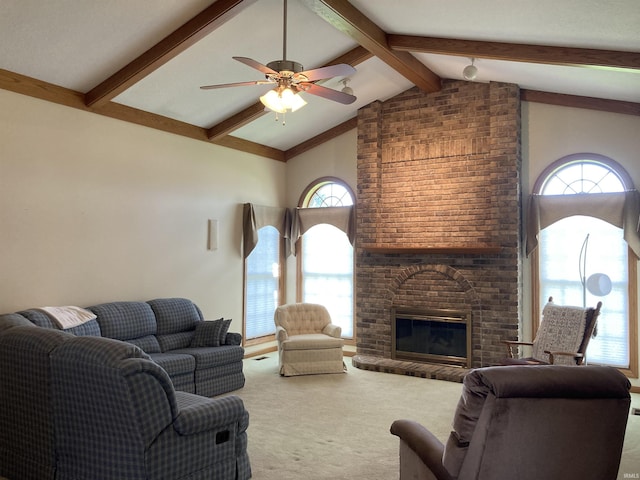760 N 700 E, Bluffton, IN 46714 - carpeted living room featuring high vaulted ceiling, beamed ceiling, a ceiling fan, and a wealth of natural light