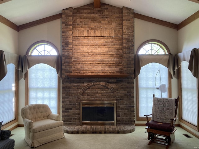 760 N 700 E, Bluffton, IN 46714 - living room with carpet floors, visible vents, lofted ceiling with beams, and a brick fireplace