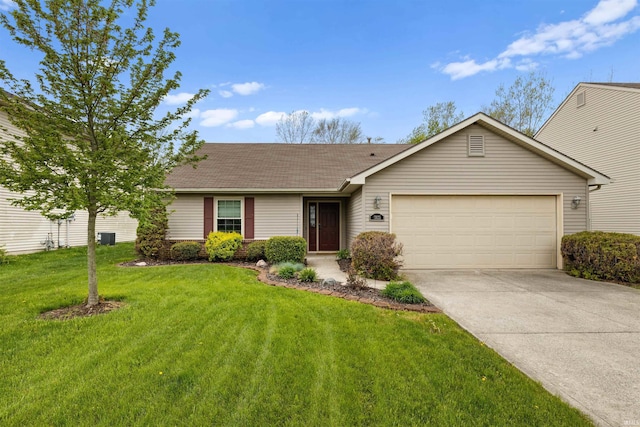 ranch-style house with a front yard, roof with shingles, central AC unit, concrete driveway, and an attached garage