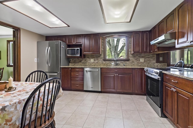 4231 N Conner Dr, Marion, IN 46952 - kitchen with decorative backsplash, a sink, appliances with stainless steel finishes, and under cabinet range hood