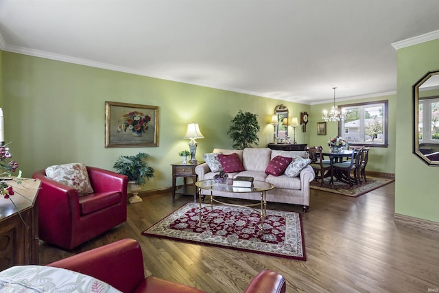 4231 N Conner Dr, Marion, IN 46952 - living room with crown molding, baseboards, a notable chandelier, and wood finished floors