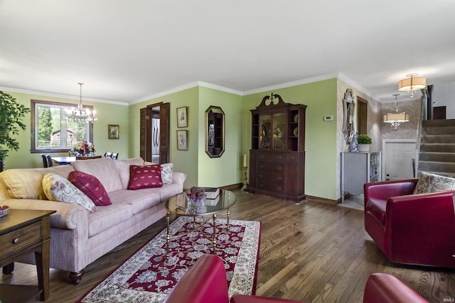 4231 N Conner Dr, Marion, IN 46952 - living area featuring crown molding, baseboards, a chandelier, and wood finished floors