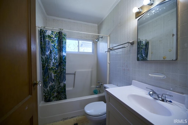 bathroom with vanity, ornamental molding, shower / bath combination with curtain, toilet, and tile walls