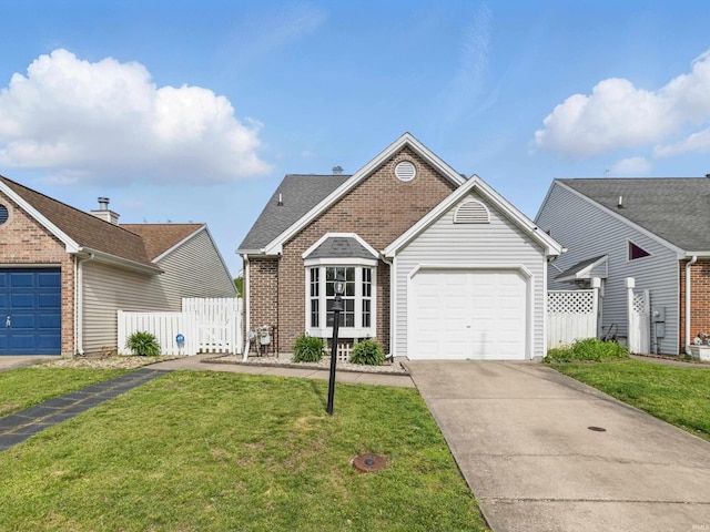 ranch-style home with fence, concrete driveway, a front yard, and brick siding