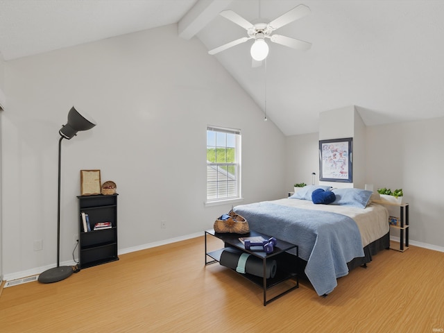 bedroom with beam ceiling, baseboards, high vaulted ceiling, a ceiling fan, and light wood-style flooring