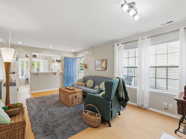 living area featuring baseboards, a wealth of natural light, light wood finished floors, and visible vents