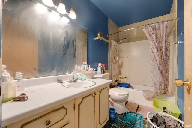 bathroom with shower / bath combo with shower curtain, tile patterned floors, toilet, and vanity