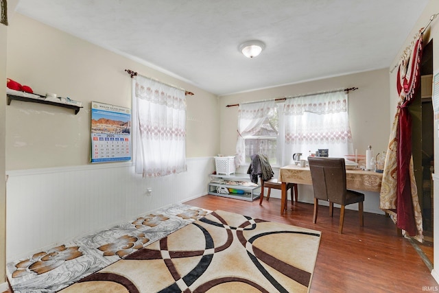bedroom featuring multiple windows, wainscoting, and wood finished floors