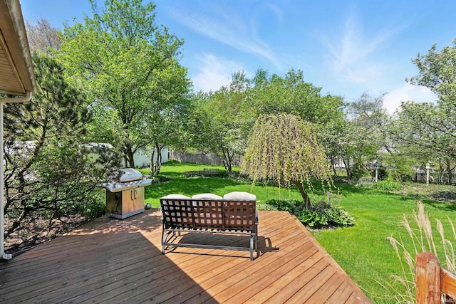 wooden terrace with a lawn, a fenced backyard, and a grill