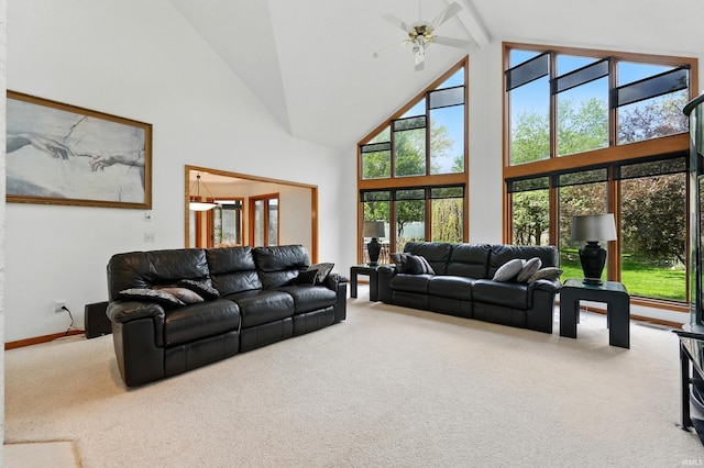 living room featuring plenty of natural light, carpet, beam ceiling, and high vaulted ceiling