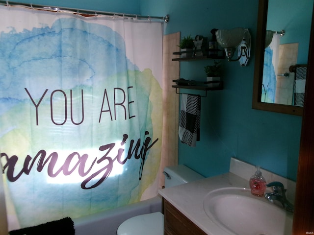 full bath with toilet, shower / tub combo with curtain, and vanity